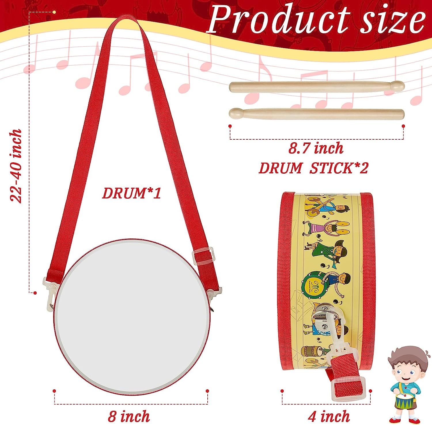 Kids Drum Set 7.87 in Wooden Toddler Drum Set with Adjustable Strap 2 Drumsticks Educational Sensory Percussion Musical Instrument Drum Set Toddlers Kids Baby Drum Set Toy Children's Day (Red Style)