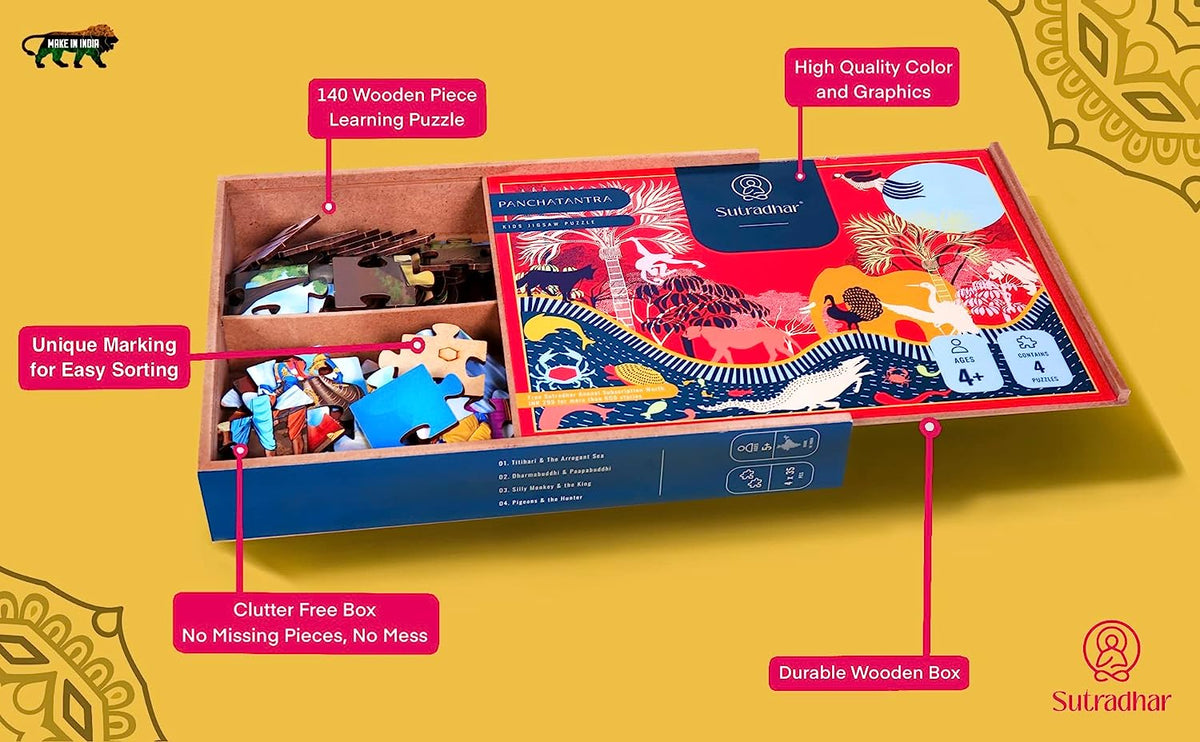 Panchtantra Jigsaw Puzzle Wooden, Age (4-12 Years), 4 Puzzles with 35 Pieces Each (140 Pieces), Free Subscription to Storytelling App, Story Based Educational Toy (Multicolor)