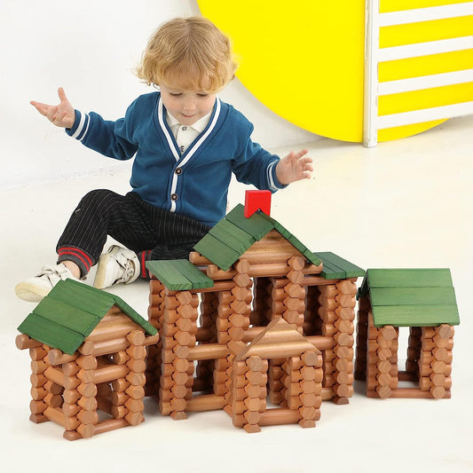 328 Pcs Wooden Logs Set Ages 3+, Classic Building Log Toys for Boy, Creative Construction Engineering Educational Gifts