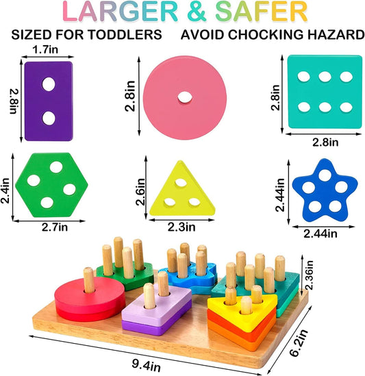 Wooden Sorting & Stacking Toys, Toys for 1 2 3 Years Old Toddlers, Shape Sorter Puzzles with 24-Piece Large Geometric Blocks & 12 Word Cards, Gift for 12+ Months Baby Boys Girls