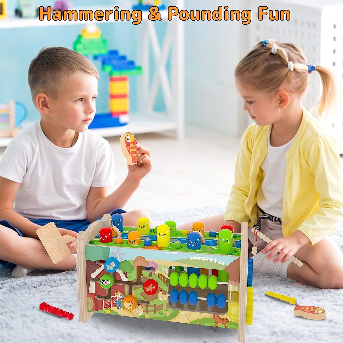 8 in 1 Toys for 1+ Year Old, Wooden Hammering Pounding Toys for Toddlers, Whack a mole Fishing Game Xylophone Preschool Learning Educational Toys, Kids Birthday Gifts for 1 2 3 4 Year Old