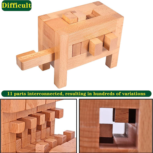 671 Steps Unique Supper Difficult Wooden Nine Ring Brain Teaser Puzzle Challenge Fidget Toys 3D Assembly and Disentanglement Lock Games IQ Test Mind Game Educational Toy for Kids and Adults