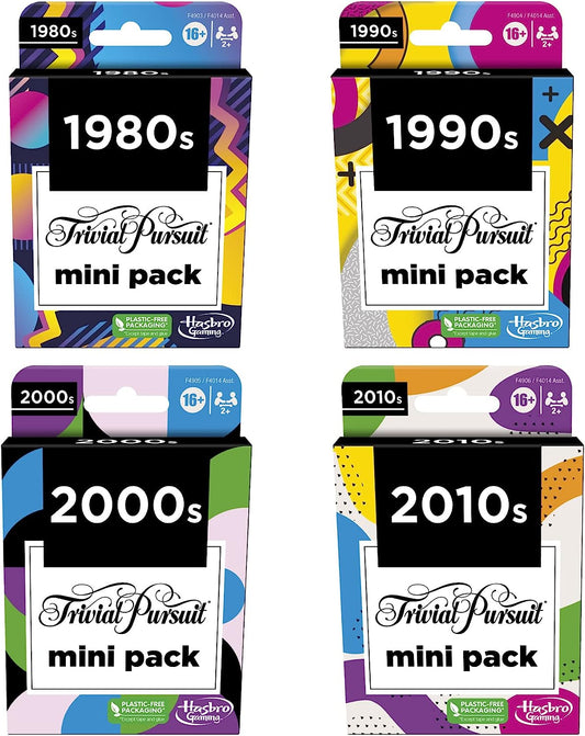 Trivial Pursuit Mini Packs Multipack, Fun Trivia Questions for Adults and Teens Ages 16+, Includes 4 Game Featuring 4 Decades