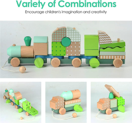 Toddler Toy, Wooden Block Train Set Stackable Building Blocks Toy Shape Sorter Toy Green Alligator Pull Toy for Baby Boy Ages 2 4 3 Years Birthday Gift Early Learning Educational Toy