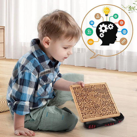 Square Wooden Labyrinth Game Marble Maze with Two Steel Marbles, Busy Toddler Game Maze Toy for Kids Activity Board Puzzle Brain Teasers Logic Game Educational Wooden Maze for Children