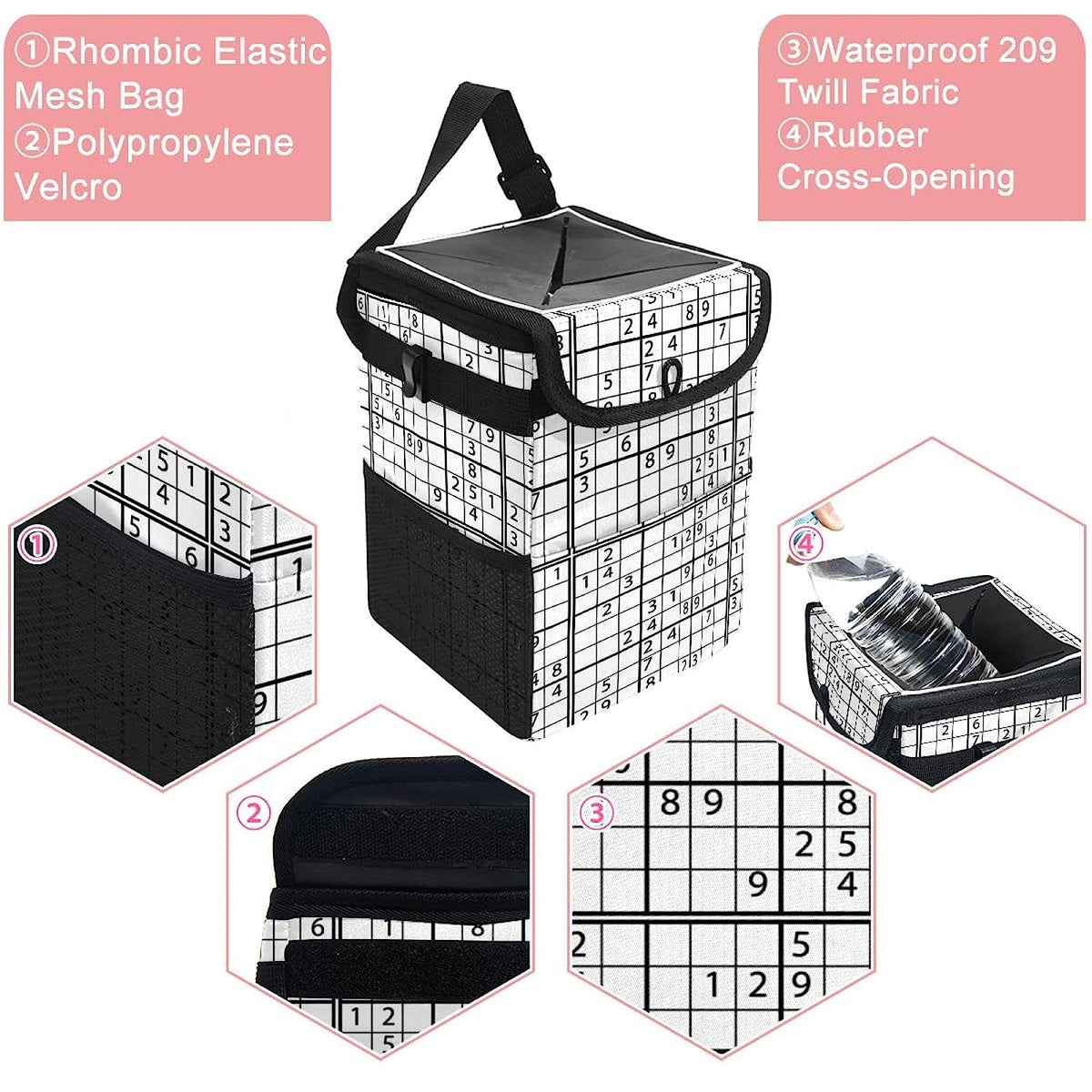 Car Trash Can with Lid, 6L Car Garbage Can Hanging Trash Bag with Storage Pocket, Collapsible Car Organizer Bin - Black and White Sudoku Game