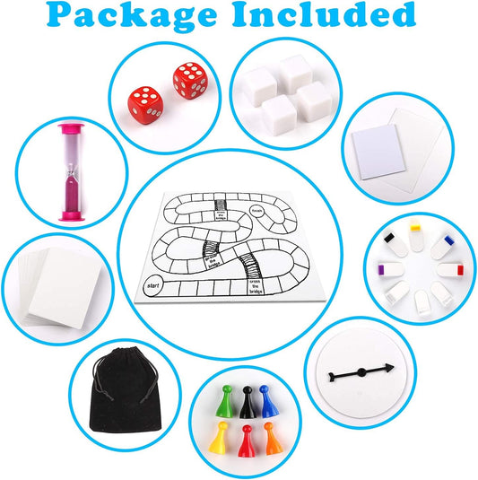 Blank Create Your Own Board Game DIY 143 Piece Set: Blank Game Board, Spinner, Playing Cards, Dice, Notepad, Timer, Pawns, Drawstring Bag, Rule Sheet, Player Pieces, and Storage Box