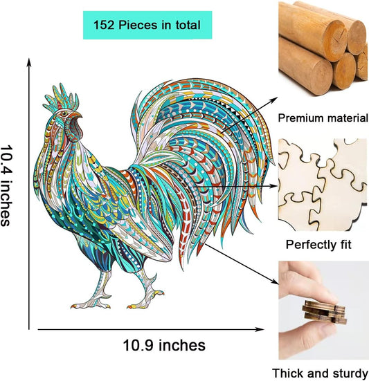 Wooden Puzzle for Adults, Unique Animal Shaped Wooden Jigsaw Puzzles with 152 Pieces, Sturdy Laser Cut Wood Jigsaw Puzzles, Good Families Games and Gifts (Blue Rooster, Large Size)