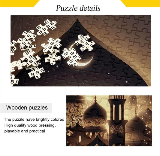 Wooden Jigsaw Puzzle 500 Pieces Islamic Buildings Print, Zigsaw with Alphabet Partition Storage Bag Easy to Solve for Adults