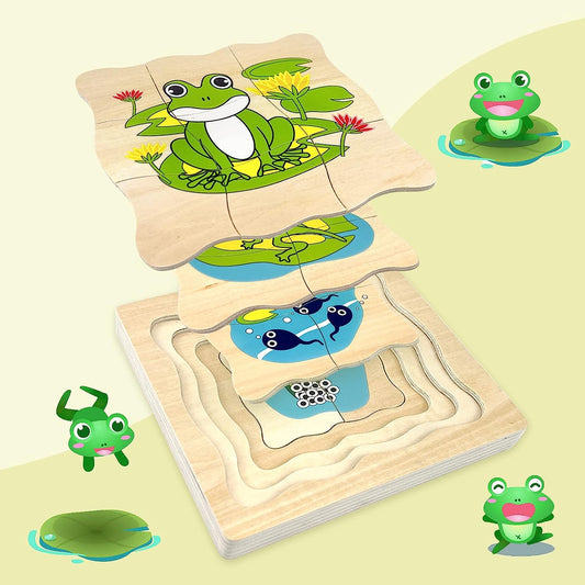 Wooden Puzzles for Kids Ages 4-8, 4 Layer Life Cycle Jigsaw Puzzle for Toddlers, Children Preschool Learning Educational Puzzles Toys for Boys and Girls (Frog)