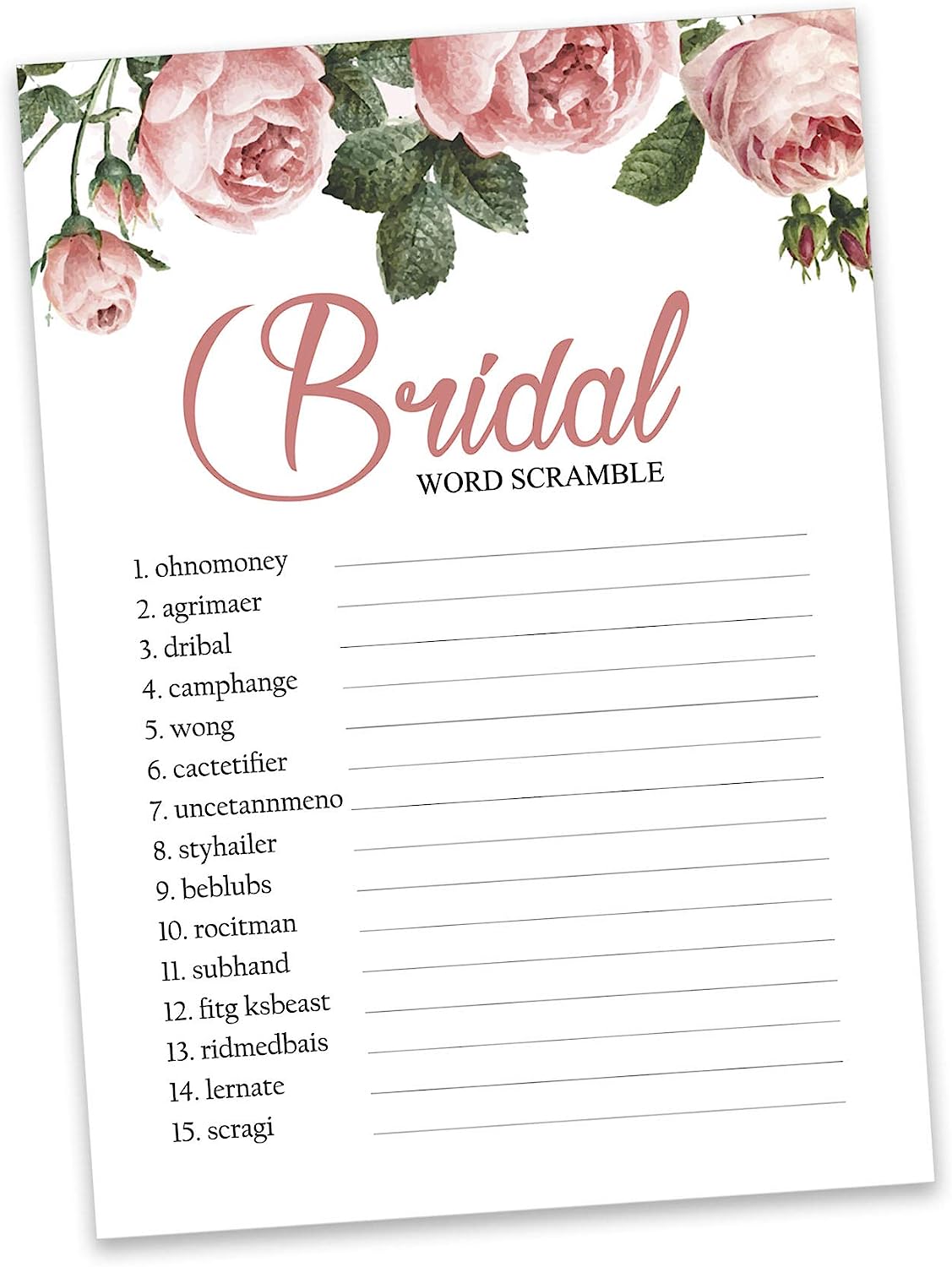 Floral Party Wedding Supplies 50-Pack Wedding Word Scramble Bridal Shower Game Cards