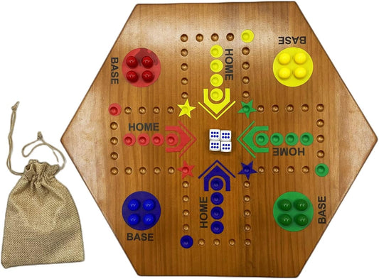 Solid Pine Marble Board Game Wahoo Board Game Double Sided Painted 15" Wooden Fast Track Board Game Set for 6 and 4 Players with 6 Colors 30 Glass Marbles 6 Dice for Kids Friends Family Game Party