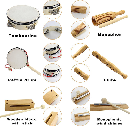 Wooden Music Set–Kids Musical Instruments Toys, Natural Wood Percussion Instruments Toy for Kids Preschool Education Baby Musical Toys Instrument Set for Toddlers Best Gifts for Chris as