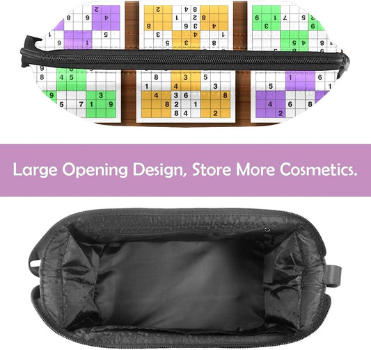 Women Portable Travel Makeup Bag with Handle, Makeup Brushes Toiletry Jewelry Case Organizer, Sudoku Game Cosmetic Bag for Purse