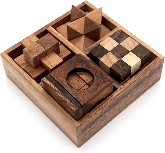 Wooden Puzzle Box Set (4 Games) - Challenging Brain Teasers 3D Puzzles for Adults, Interlocking Games for IQ Test. Ideal for Rustic Patio Decor, Unique Gift for Chris as and Birthdays