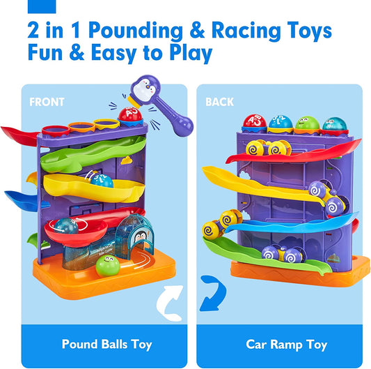 Toddler Toys for 1 Year Old Boy Gifts 2 in 1 Pound Balls Toy & Car Ramp Race Track Learning Active Early Developmental Toys for 1 Year Old Birthday Gifts for 1 2 3 Year Old Boy Girl