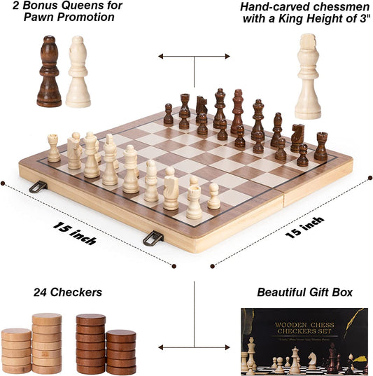 15-Inch Wooden Chess & Checkers Board - 2 Classic Games in 1 | Complete Set with Extra Queens | Perfect for Adults & Kids | Premium Wood Construction | Ideal for Home, Office, or Classroom Use