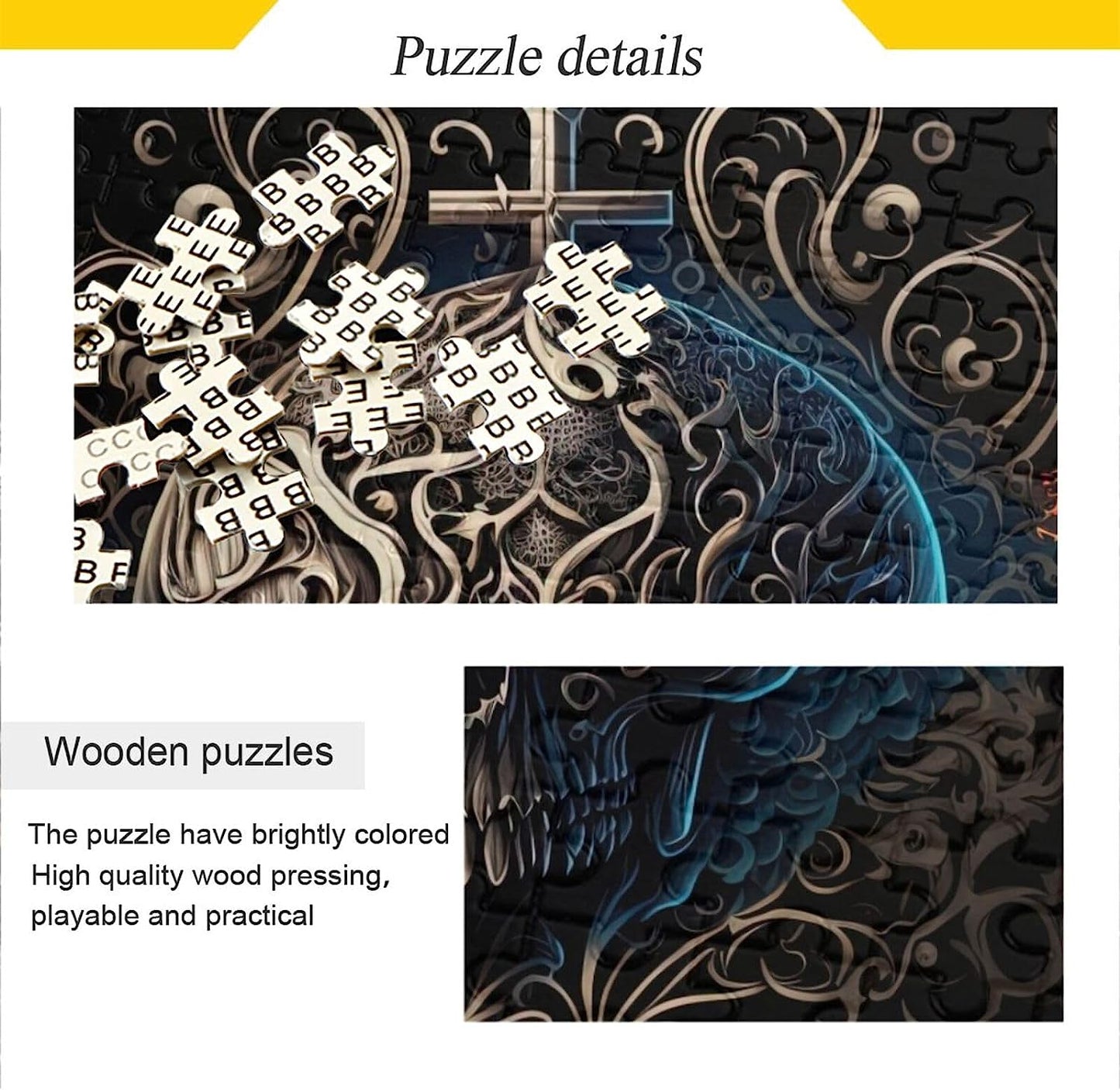 Wooden Jigsaw Puzzle 1000 Pieces Gothic Skull Print, Zigsaw with Alphabet Partition Storage Bag Easy to Solve for Adults