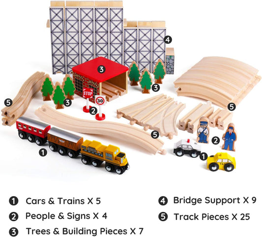 Wooden Train Set Toy with Rail High Level Part, 50 PCS Flyover Overpass Wooden Train Playset with 5 Magnetic Train Cars for Toddlers , Yellow