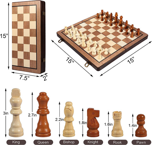 15" Chess Sets, Magnetic Chess Board Games, Portable Wooden Folding Chess Board,2 Queen Chess Checkers 2-in-1 Board Set, Beginner Chess Sets for Children and Adults