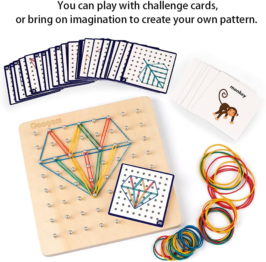 Wooden Geoboard Mathematical Manipulative Material Array Block Geo Board – Graphical Educational Toys with 30Pcs Pattern Cards and Latex Bands Shape STEM Puzzle Matrix 8x8 Brain Teaser for Kid