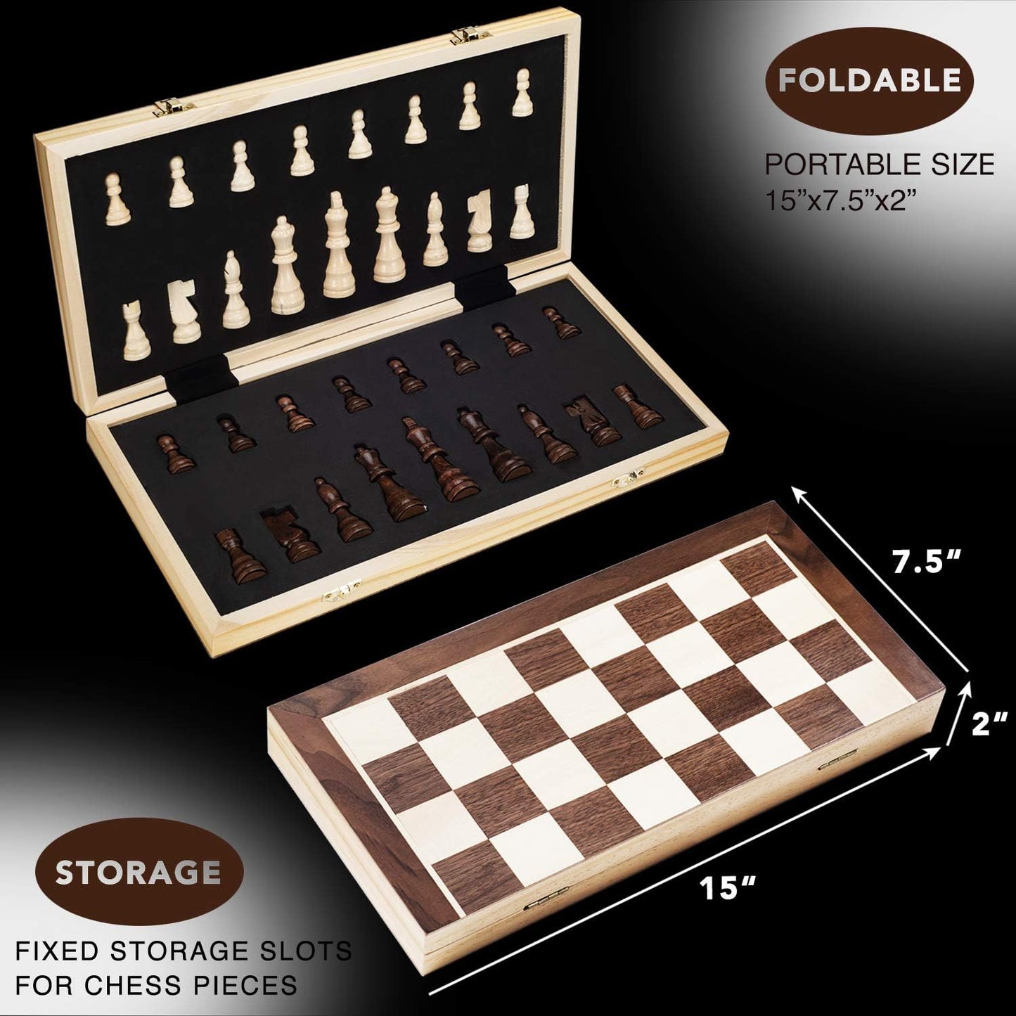15 Inches Magnetic Wooden Chess Set - 2 Extra Queens - Folding Board, Handmade Portable Travel Chess Board Game Sets with Game Pieces Storage Slots - Beginner Chess Set for Kids and Adults