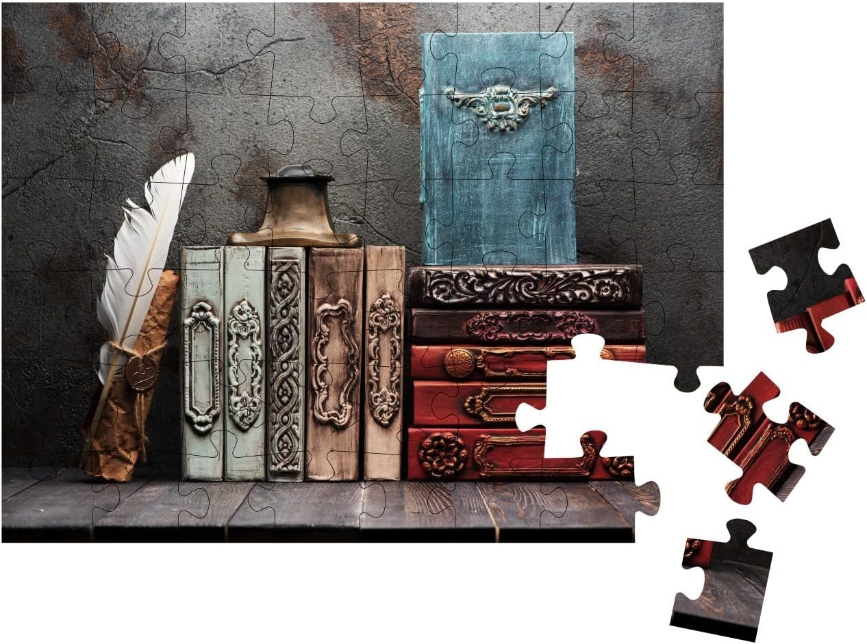 Ancient Books, Manuscripts & an Antique Inkwell on a Shel... Jigsaw Puzzle Jigsaw Puzzle with 48 Pieces