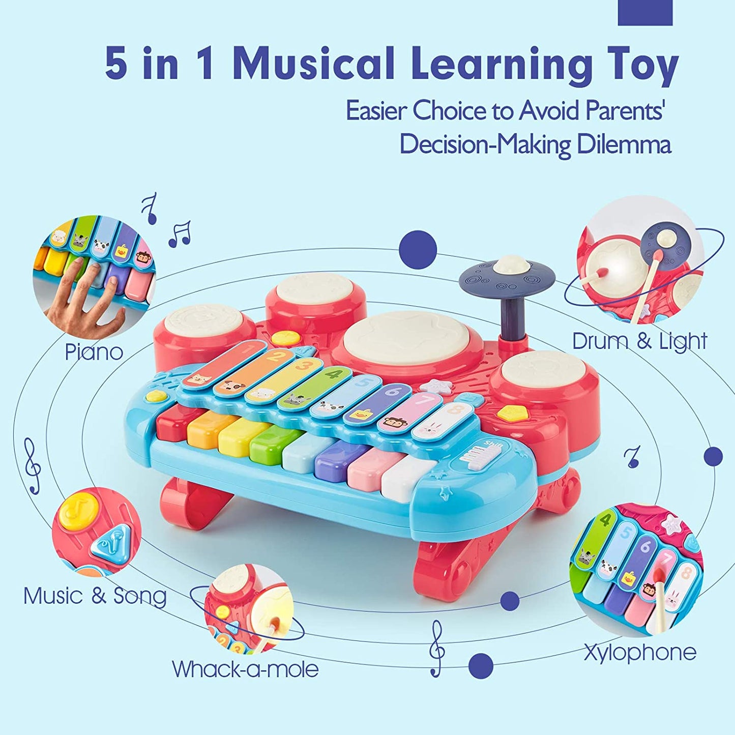 1 Year Old Girl Birthday Gift - Toys for 2 Year Old Girls Toddler - 5 in 1 Baby & Toddler Toys with Baby Piano, Drum Set for Toddlers 1-3, Xylophone, Musical Toys, Whack-A-Mole - 1st One Year Old Toys