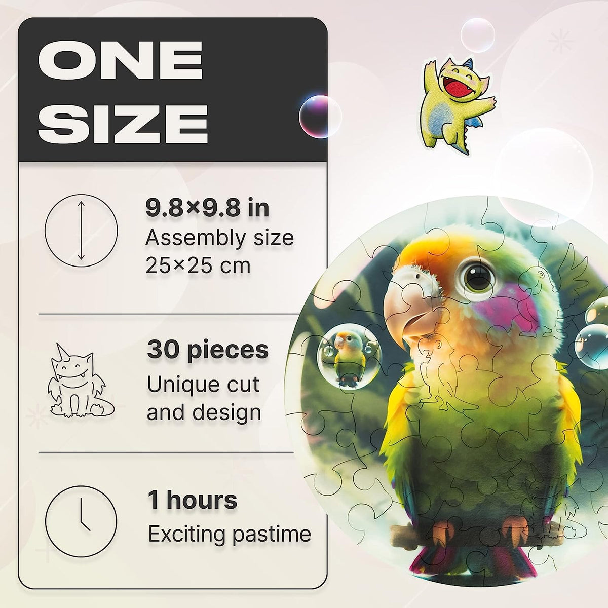 Original Wooden Jigsaw Puzzles for Kids Ages 3-5 — Bubblez Parrot — 30 Pieces Puzzle Round Shape 9.8×9.8 Inches Toddler Kids Activities Tiny Animals Preschool Toys Brain Teasers Bird