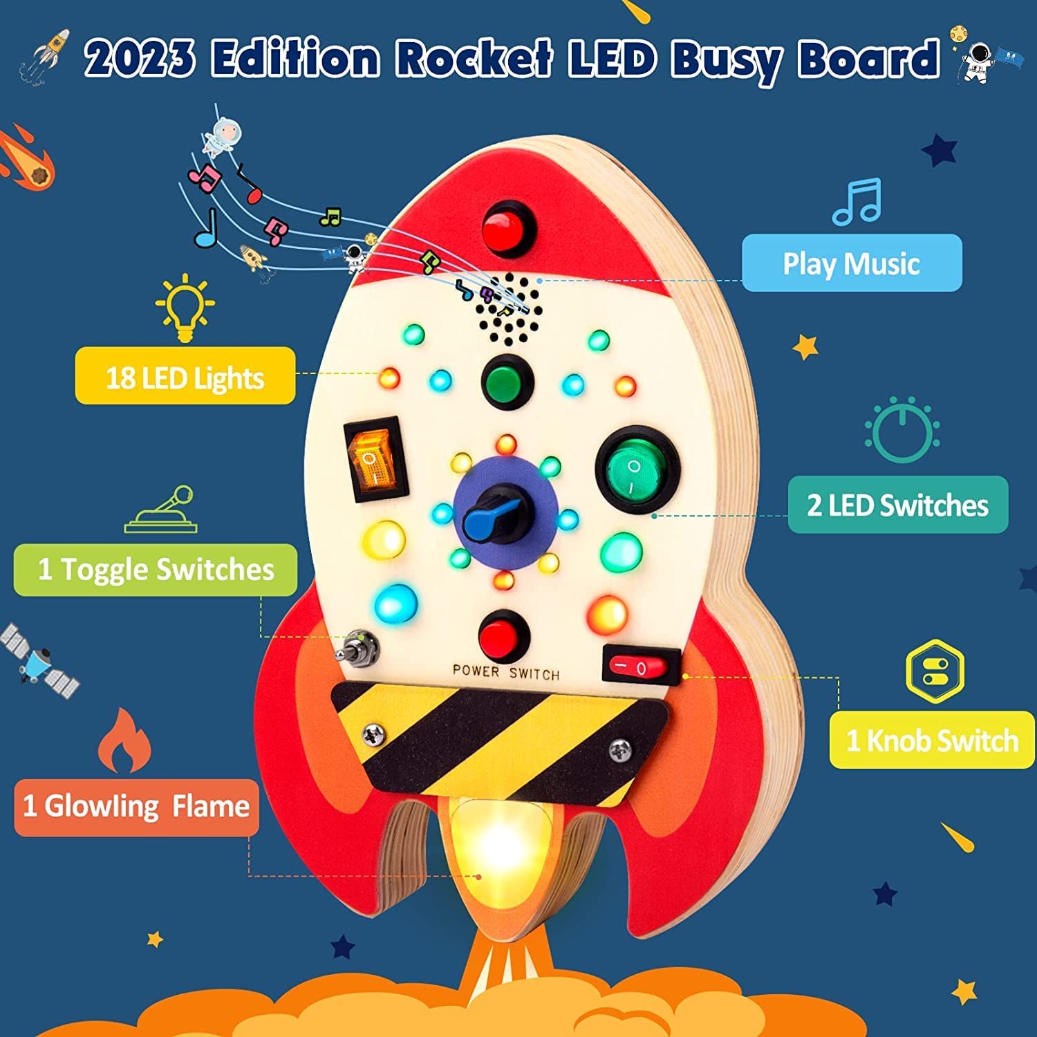 LED Busy Board, Wooden Sensory Toys for Toddler 1-3, Music Toy for 1 2 3 4 Year Old, Travel Educational Learning Toy, Busy Light Switch Autism Toys, Birthday Boys Girls Gifts