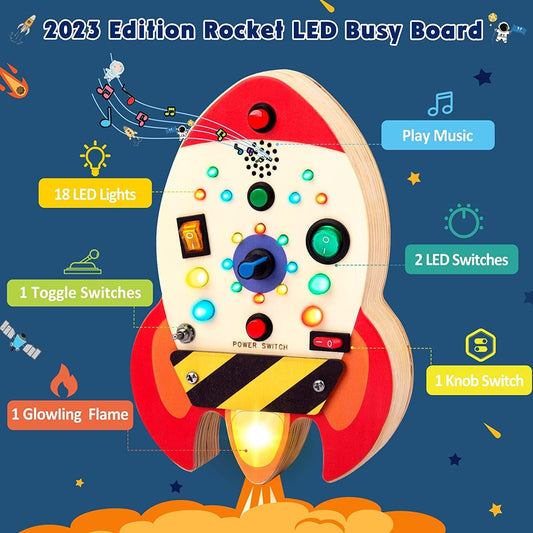 LED Busy Board, Wooden Sensory Toys for Toddler 1-3, Music Toy for 1 2 3 4 Year Old, Travel Educational Learning Toy, Busy Light Switch Autism Toys, Birthday Boys Girls Gifts