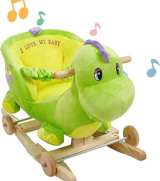 Rocking Horse with Fun Song Music/Seat Belt/Wheels Toys Baby 2-in-1 Wooden Plush Rocker Seat Ride-On Stroller with Seat Belt, Green Dinosaur