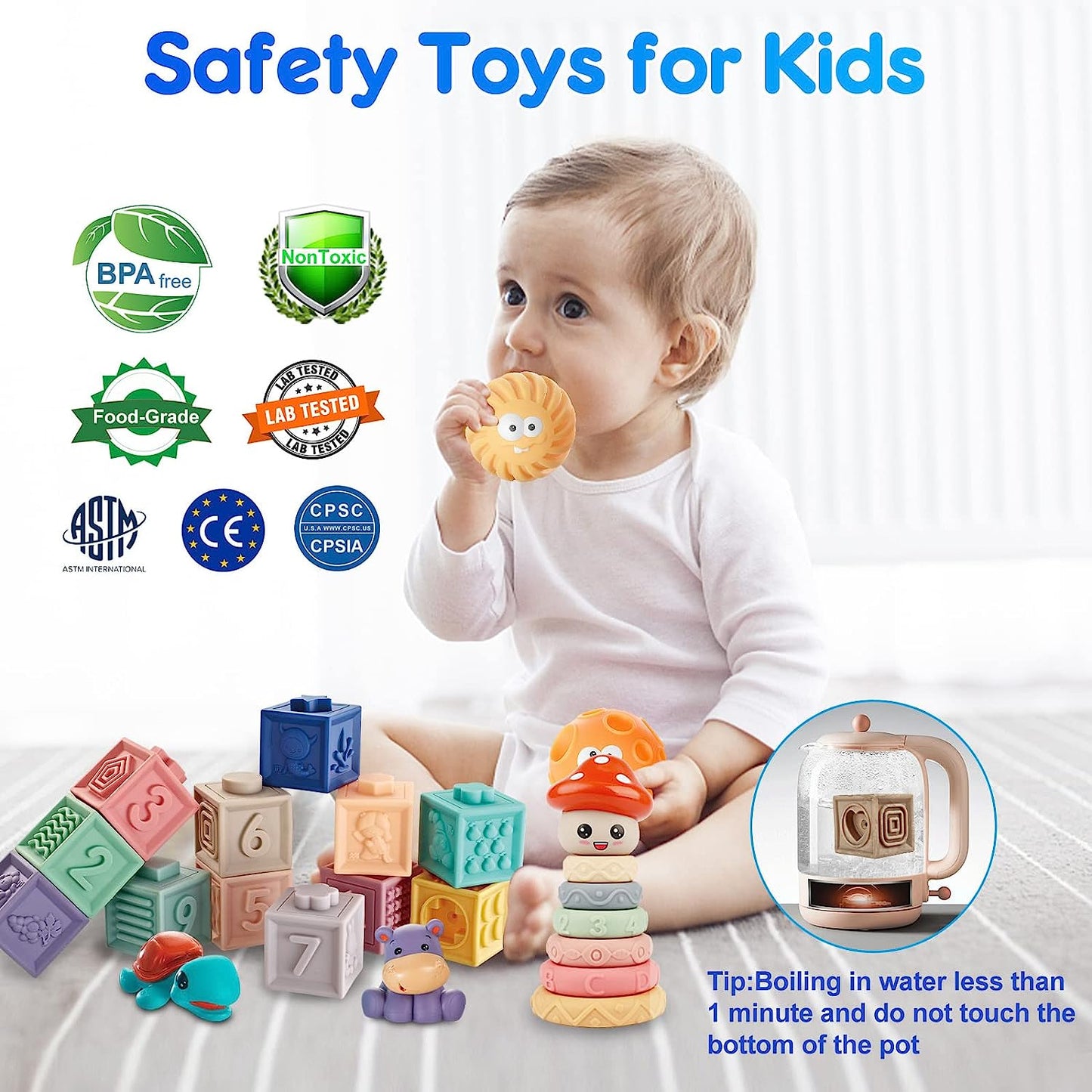 Baby Toys 6 to 12 Months, 3 in 1 Toys for Babies 0-3-6-12 Months, Baby Teething Toys, Sensory Developmental Educational Toys for Toddler, Stacking Building Blocks for Infants