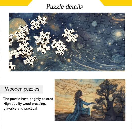 Wooden Jigsaw Puzzle 1000 Pieces Abstract Night Painting Print, Zigsaw with Alphabet Partition Storage Bag Easy to Solve for Adults