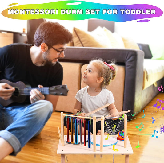 Kids Drum Set for Toddlers Musical Instruments - Baby Drum Kit 8 in 1 with Music Wind Chime and Triangle Toys Wooden Educational Sensory Toys for Children Boys and Girls Gifts