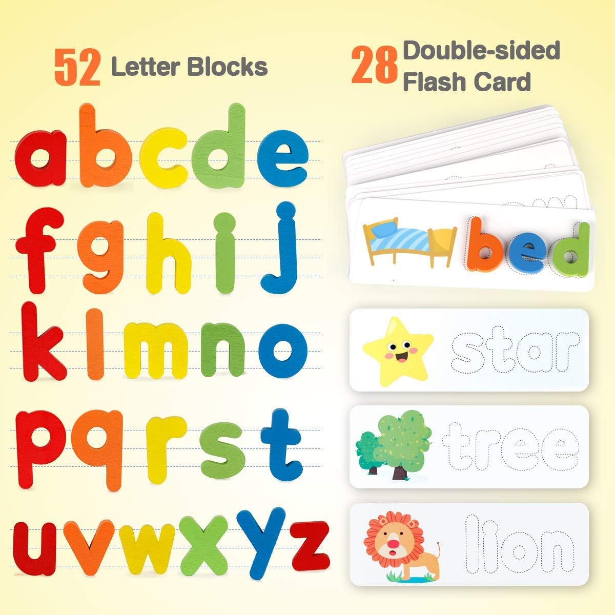 Read Spelling Learning Toy, Wooden Alphabet Flash Cards Matching Sight Words ABC Letters Recognition Game Preschool Educational Tool Set for 3 4 5 Years Old Girls and Boys Kids