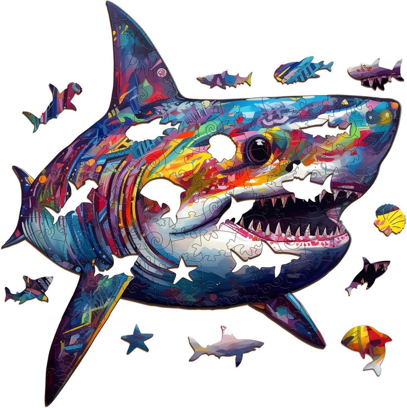 Wooden Jigsaw Puzzles-Wooden Puzzle Adult Unique Shape Advanced Colored Shark Wooden Jigsaw Puzzle for Adult, Family Puzzles 12 * 11.8in 190pcs