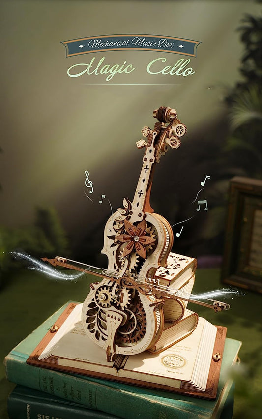 AMK63 3D Puzzles for Adults, Mechanical Wooden Music Box Puzzle Kit, Magic Cello Model Kits to Build, Unique Gift for Her/Him Aesthetic Desk Decoration