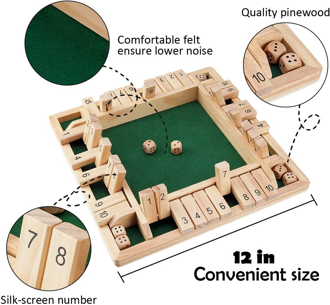 Shut The Box Dice Game Wooden (2-4 Players) for Kids & Adults [4 Sided Large Wooden Board Game, 8 Dice + Shut The Box Rules] Amusing Game for Learning Addition, 12 inch