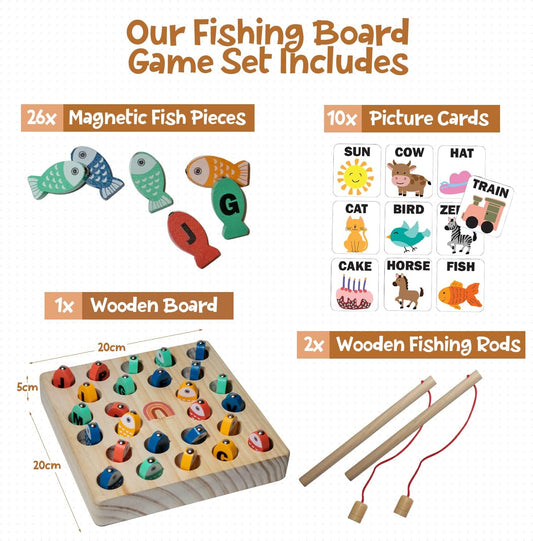 Magnetic Wooden Fishing Game for Children Aged 3+ – 26-Piece Sorting Puzzle/Letter Tracing Board – Learn The Alphabet, Develop Motor Skills, Practice Color Recognition
