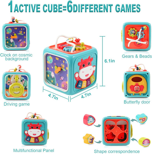 6 in 1 Activity Cube, Toddler Sensory Toy Bead Maze Shape Sorter with Music and Lights, Puzzle Toys, Chris as and Birthday Gift for Boys and Girls(Blue)
