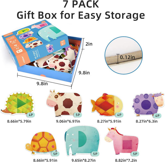 7 Pack Toddler Puzzles for Kids Ages 2-4, Jumbo Kids Puzzles Ages 3-5, Floor Puzzle for Beginner, Large Piece Animal Shaped Jigsaw Puzzles for Toddlers, Preschool Educational Toys for Babies
