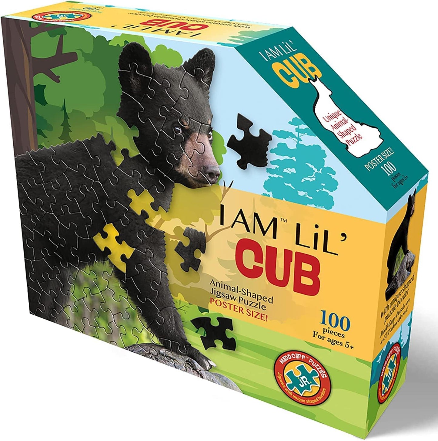 Lil Cub 100 Piece Jigsaw Puzzle for Ages 10 and up - Unique Animal-Shaped Border, Poster Size, Challenging Random Cut, Five-Sided Box Fits on Bookshelf, Includes Educational Fun Facts