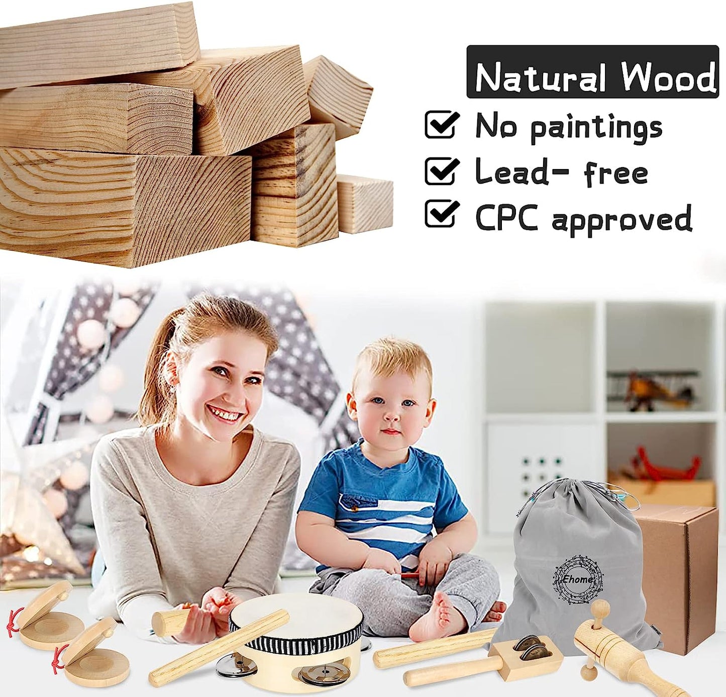 Toddlers Musical Instruments, Wooden Percussion Kids Baby Musical Instruments, Musical Toys Set for Kids Childrens Preschool Educational Early Learning with Storage Bag