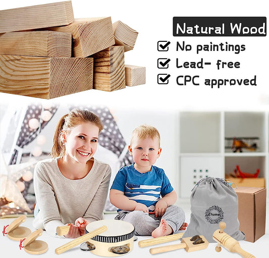 Toddlers Musical Instruments, Wooden Percussion Kids Baby Musical Instruments, Musical Toys Set for Kids Childrens Preschool Educational Early Learning with Storage Bag