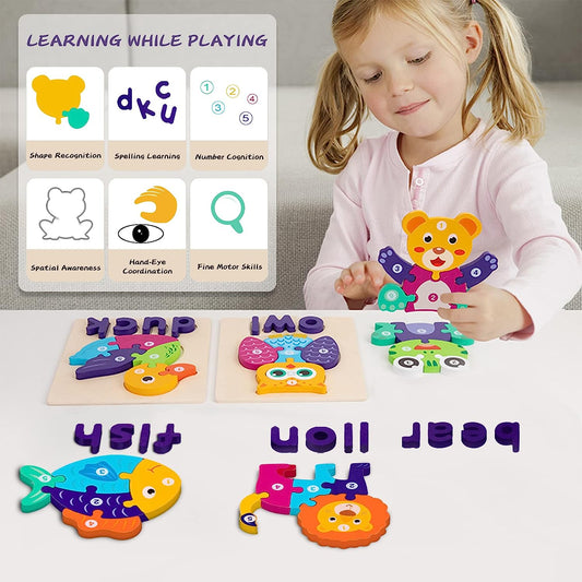 Wooden Puzzles for Toddlers 1-3, Toddler Toys Gifts for 1 2 3 Year Old Boys Girls, Toddler Puzzles Learning Education Toys with Animal Shape Alphabet Spelling Puzzles Preschool Toys (6 Pack)