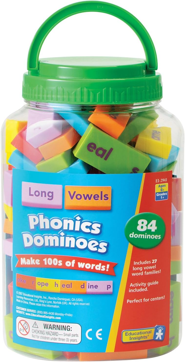 Phonics Dominoes – Long Vowels - Manipulative for Classroom & Home, Set of 84 Dominoes in 6 Colors, Ages 6+