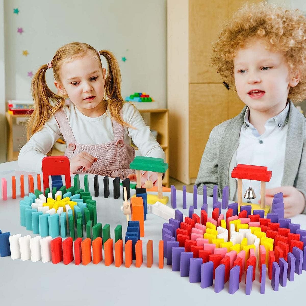 1000 PCS Bulk Dominoes Set for Kids with Extra 11 Blocks, Wooden Building Blocks 10 Colors Dominoes Racing Tile Games Educational Toy for Kids Birthday Party with Storage Bag