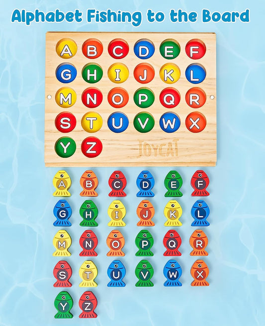 Wooden Magnetic Alphabet Fishing Game for Toddlers, Fine Motor Skill Toys, Letters Cognition Color Sorting Toys, Preschool Learning ABC Educational Toys, Gift for Girls Boys Kids