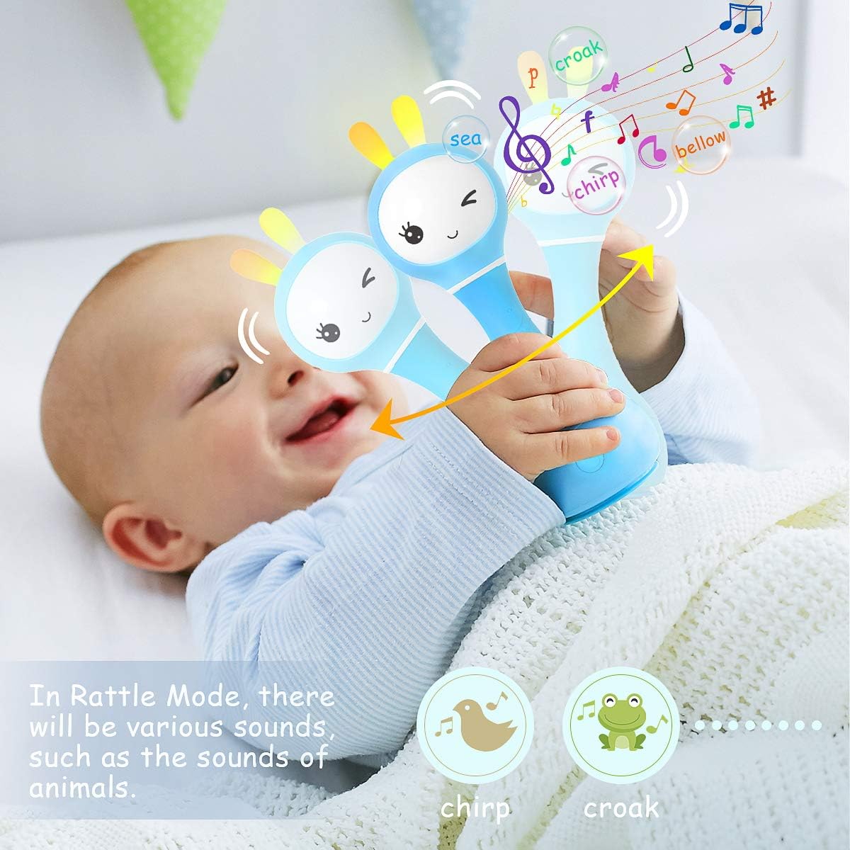 Alilo Bunny Baby Rattle Shaker and Teether Toys for 0-6-12 Months,Electronic Rattle Infants Toy,9 Kinds of Color Learning and Educational Toys with Music & Light, Gift for Newborns Girls Boys Toddlers